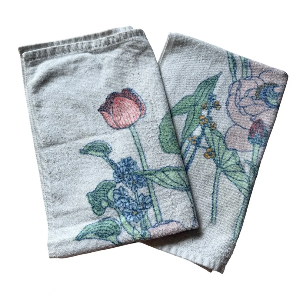 Vintage Wamsutta Heritage Floral Hand Towels Set of 2 Pink Blue Botanical USA